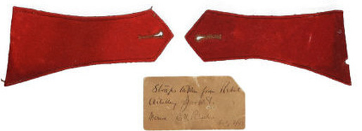 FIG 1: Colonel Rhodes’ “souvenir” Confederate, red shoulder straps are from a Tait, full-trim variant artillery jacket.  Images courtesy of Heritage Auctions.